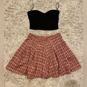 SHEIN Plaid Tartan Pink Mini Skirt and Black Strapless Sweetheart Crop Top S
